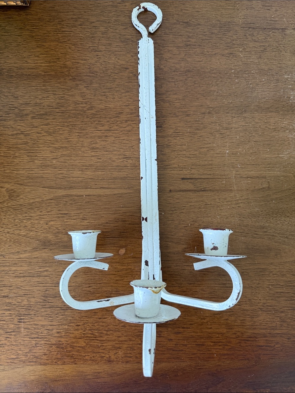 Vintage Distressed White Iron Metal 3-Arm Wall Candle Sconce - Shabby Chic